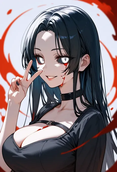 masterpiece, zoom out, score_9, score_8_up, score_7_up, portrait, 1 girl, alone, black hair, long hair, long parted bangs, white eyes, black sclera, (blood tears, small smile), evil, parted lips, expressionless, big breasts, upper body, V-neck strap basic ...