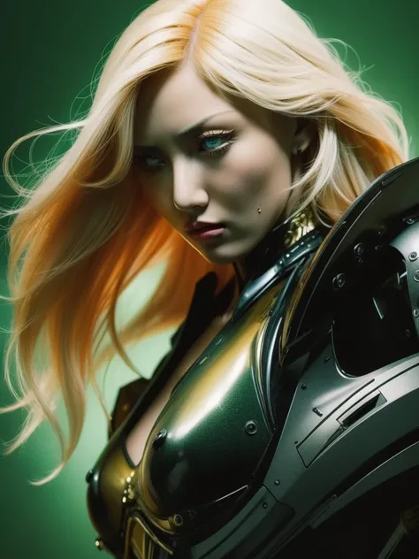 Human face, A beautiful young woman with blond hair, green background, hyper realistic photography, high-definition photos, red lipsticks, mecha metal armor skirt suit, big eyes, flawless skin, full figure, cinematic lighting, dramatic composition, masterp...