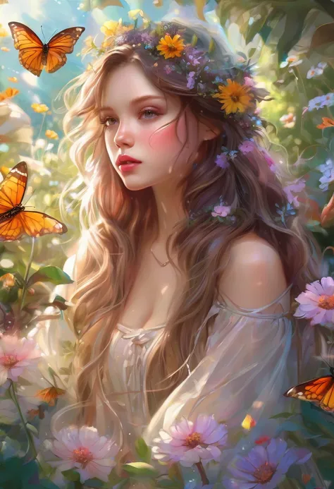 (A girl in a garden),illustrated,subdued colors,beautiful detailed eyes,beautiful detailed lips,long hair,fairy wings naughty,floral flowers colorful,butterflys,ethereal glow,medium dress,lovely expression,posing gracefully,bright sunlight