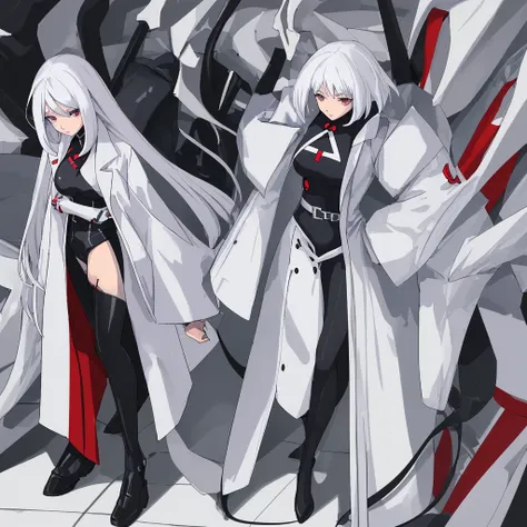 1 anime woman,medica,a coat, hips up, white  hair,