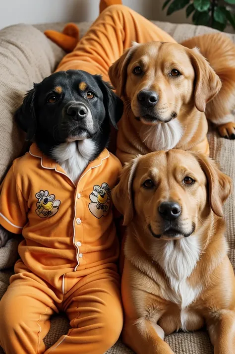 Believe me a photo of two animated dogs you have orange pajamas that say bee pet shop