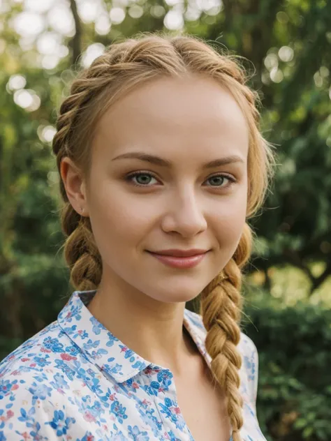 solo, realistic, photorealistic, natural lighting, (large forehead, (((Latvian woman))), (((Latvian nose))), (((Latvian eyes))), (((blonde))), (((braids))), (((Latvian face))), (((Latvian lips))), (((Latvian body))), (((fair complexion))) smiling, wearing ...