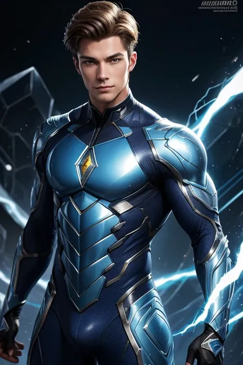 Half body focus photorealistic handsome hunky fractal masculine Lightning Lad.. wearing a indigo quartz transparent crystal chrome glass super suit , look at camera, detailed face parts,, studio as background, Freestyle Pose, Happy Expression, perfect anat...