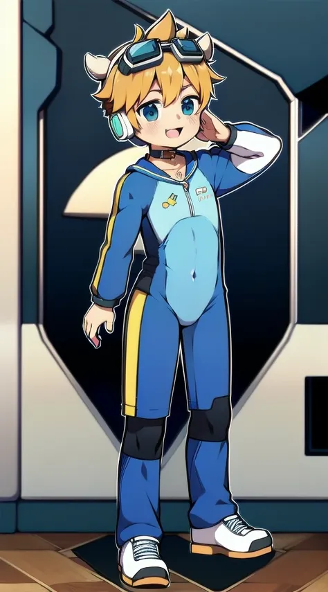 Two-dimensional boy，One-piece mountaineering suit，trumpet，Cow ears，Put the headphones on your head，stand up，goggles，sports shoes，Slim，Happy，Sailor collar