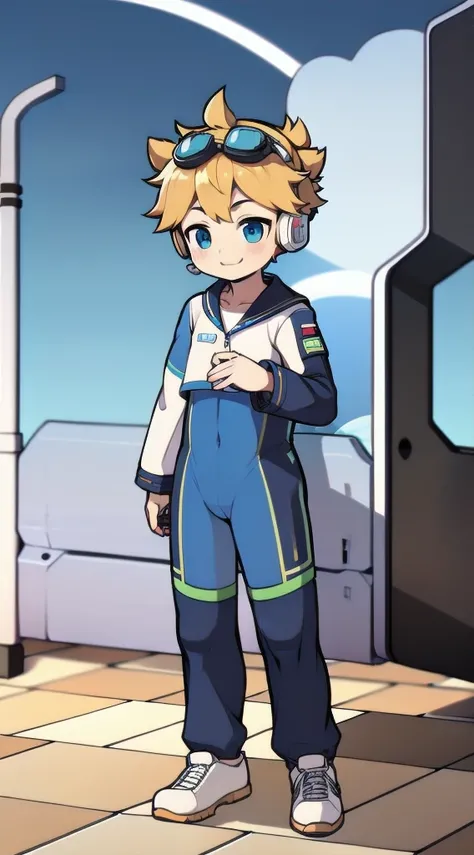 Two-dimensional boy，One-piece mountaineering suit，trumpet，Cow ears，Put the headphones on your head，stand up，goggles，sports shoes，Slim，Happy，Sailor collar