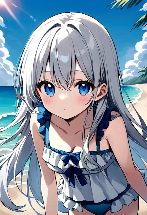 Gray Hair、Long Hair、Bright Blue Eyes、upon、Frilled swimsuit、Beach