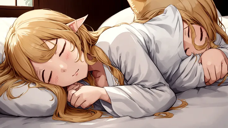 Japanese animation style、I will create a digital illustration of an adult elf woman sleeping face down in a large bed、She is wearing a rather large shirt.、Relaxed facial expression、Long, loosely wavy blonde hair、Sleeping with her pet Shiba Inu、The Shiba In...