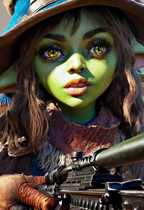 A goblin girl, beautiful detailed eyes, beautiful detailed lips, extremely detailed eyes and face, long eyelashes, in a western outfit, with a magic sniper rifle, 8k, highres, masterpiece, ultra-detailed, realistic, photorealistic, HDR, studio lighting, sh...