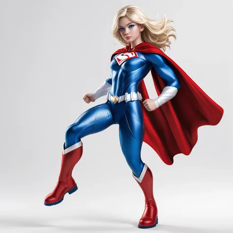 An white and blonde superhero,blue eyes with an blue white and red superhero clothing and a red cape, blue boots, full body, white background, realistic, full body