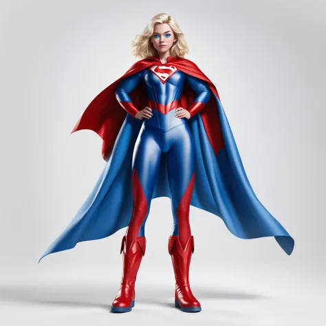 An white and blonde superhero,blue eyes with an blue white and red superhero clothing and a red cape, blue boots, full body, white background, realistic, full body