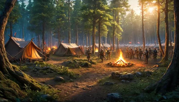 (anime, fantasy), (best quality, high resolution, depth of filed, HDR:1.2), (an army camp in the forest preparing for a siege, camp, soldiers, swords and bows, campfire), fantastical landscapes, vibrant colors, majestic, dark enchanted, dangerous atmospher...