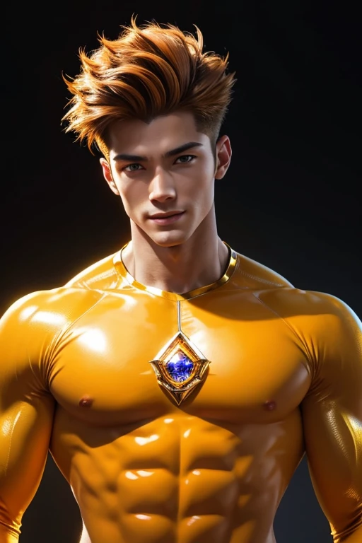 Half body focus photorealistic handsome hunky fractal masculine Sun Boy.. wearing a Orange and yellow citrine transparent crystal chrome glass super suit , look at camera, detailed face parts,, studio as background, Freestyle Pose, Happy Expression, perfec...