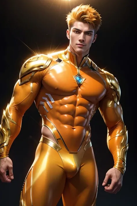 Half body focus photorealistic handsome hunky fractal masculine Sun Boy.. wearing a Orange and yellow citrine transparent crystal chrome glass super suit , look at camera, detailed face parts,, studio as background, Freestyle Pose, Happy Expression, perfec...