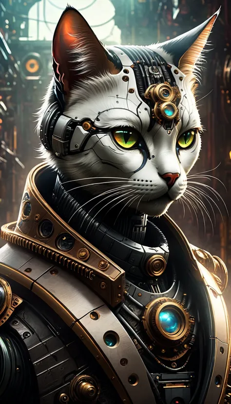 "(((cybernetic feline))) decorated with steampunk elements, blends seamlessly into the cyberpunk environment, (mysterious) and (...