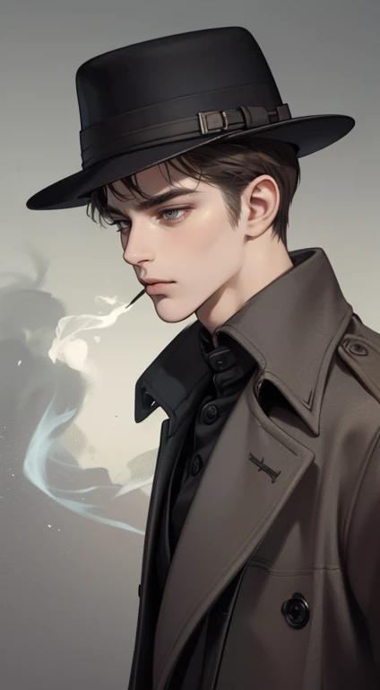 masterpiece, best quality, realistic, 1man, mature male, quiet and charming young man, 25 years old, close his eyes, serious look, extremely detailed face, ((dark grey eyes)), ((short-right-swept dark brown hair)), [thick eyebrows], detective, ((Dressed in...