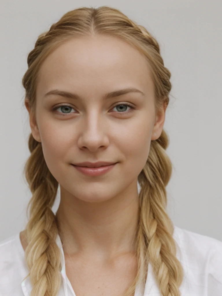 solo, realistic, photorealistic, natural lighting, (large forehead, (((Latvian woman))), (((Latvian nose))), (((Latvian eyes))), (((blonde))), (((braids))), (((Latvian face))), (((Latvian lips))), (((Latvian body))), (((fair complexion))) smiling, wearing ...