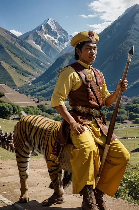 an Indonesian king sitting on a yellow tiger carrying a keris is giving a lecture to soldiers 3d mountain background 8k realistic high quality image