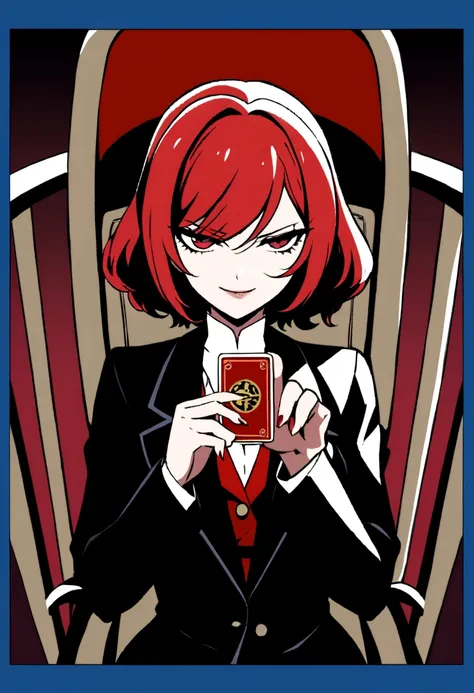 maximum quality, High resolution artwork, 1 anime girl with crimson-red hair,Wearing a black overcoat with a blue border , Senate in a chair , Holding cards with the name CUE on them , giving an evil smile, with a seductive look