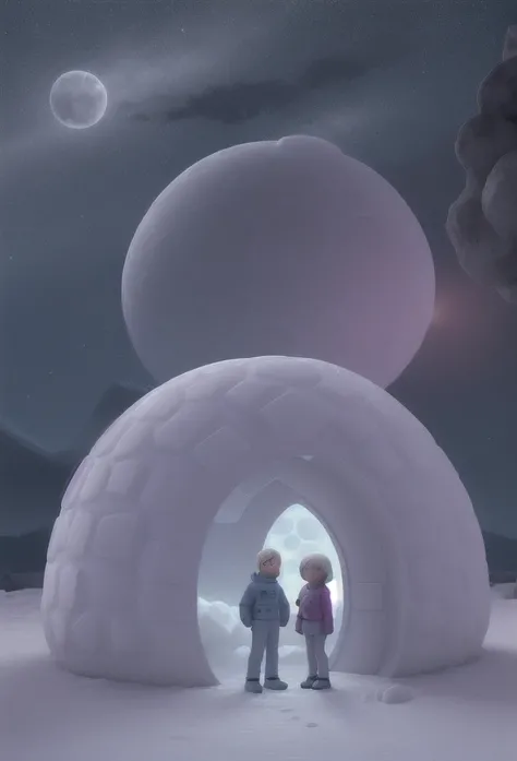 Peoples on moon, igloo in background