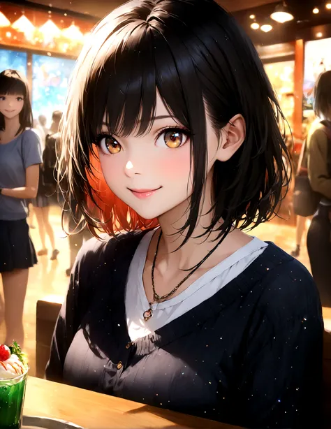 shinjuku, cute casual clothes,on a date,blur the background,high school girl,shortcuts,smile,glitter effect,highest quality, 4k,...