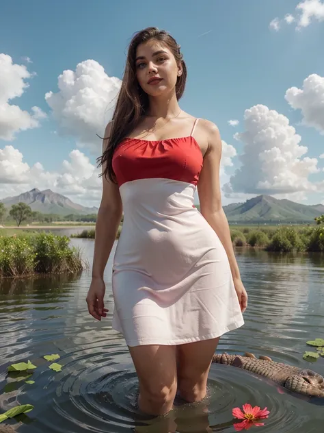 Araffe dress,Red dressRed wearing a short dress (white),Crocodile nearbya mountain of water near the Crocodiles nearby.light green, shining flowers,Red skywearing a suit (white), lipstick (pink) Escasamente vestido.Smooth sky model Hermosa figuracuerpo vol...