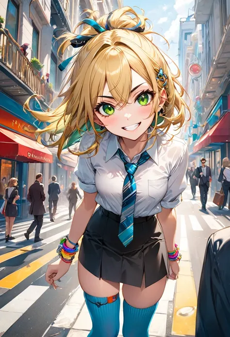 A mischievous girl with a sly grin, standing in a busy city. She has sharp, narrow eyes giving a teasing look, and her eyebrows are raised in a playful manner. She wears a  with a playful twist: a colorful tie, funky socks, and a few quirky accessories lik...