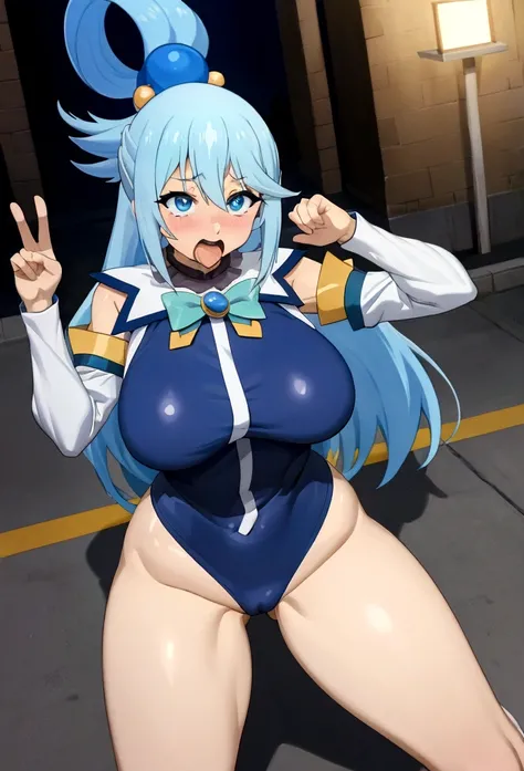 Aqua、KonoSuba、(True to prompts),(Mr......々Great angle view)、Light blue long ponytail、Light blue tight clothing,((Haigure pose))、girl、(Super big breasts)、(Ahegao),(Eyes Wide Open)、(Busy Street)、(Many people々々々々々々々々々)、(sunny)、(blue sky)、(Best lighting)、{{{Br...