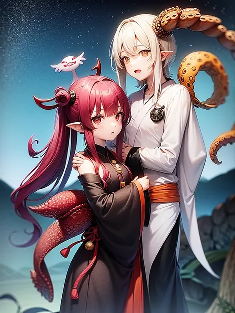 A cute boy, he is wearing a demon mask, he is wearing a Japanese-style , next to her is an octopus, a divine messenger, he has character, anime-style illustration