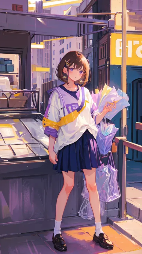 Girl with short brown hair wearing a school shirt, purple shoes and hair clip