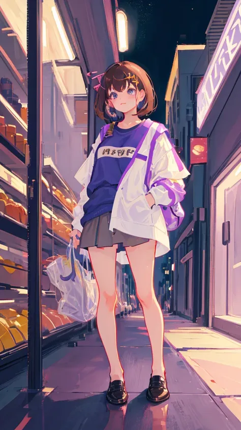 Girl with short brown hair wearing a school shirt, purple shoes and hair clip