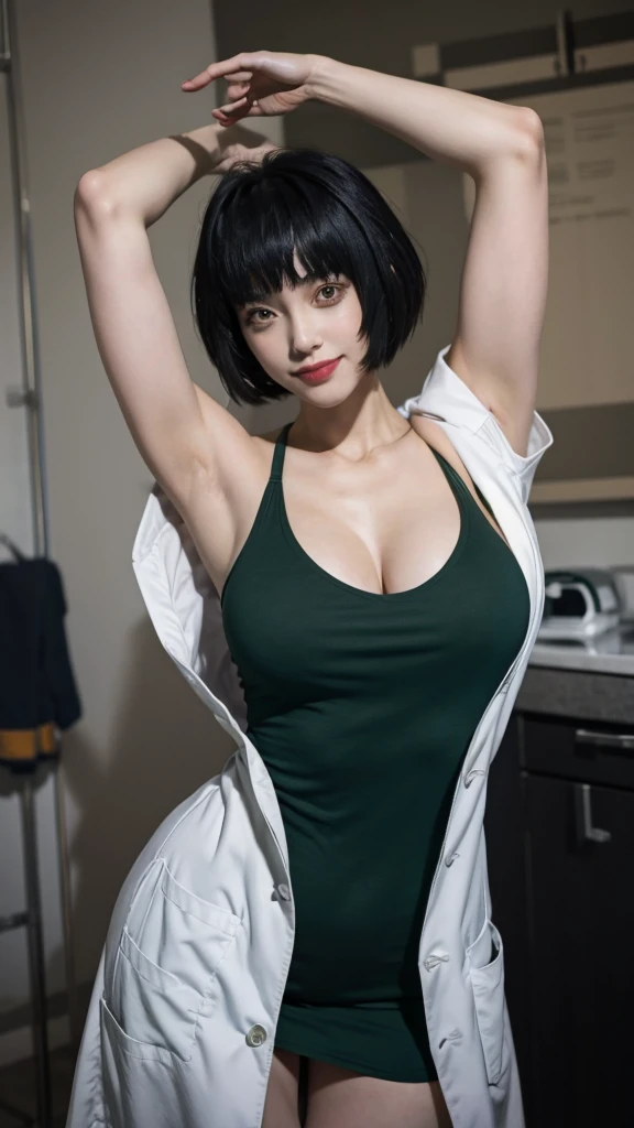 tae takemi, dark green tanktop, lab coat, hanging breasts, bent over, slender breasts, bent forward, smile, big breasts, armpits visible