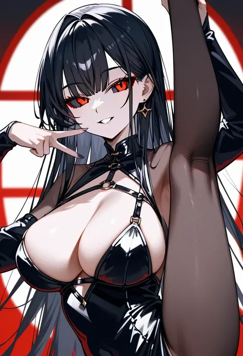 masterpiece, zoom out, score_9, score_8_up, score_7_up, portrait, 1 girl, alone, black hair, long hair, long split bangs, red eyes, black sclera, small smile), evil, parted lips, expressionless, big breasts, top , Basic dress with straps and V-neckline, bl...