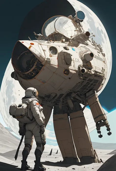 Peoples on moon, spaceship in background