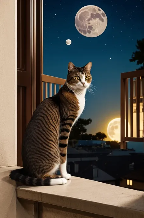 A book cover is a cat sitting on a balcony looking at a bright moon on one side say "on your same moon"