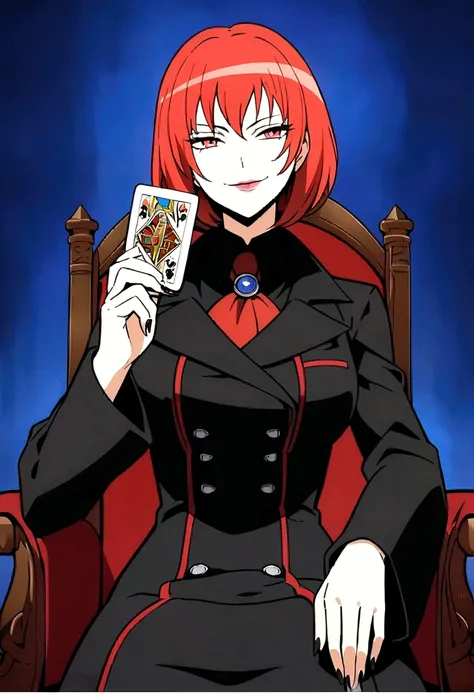 maximum quality, High resolution artwork, 1 anime girl with crimson-red hair,Wearing a black overcoat with a blue border , lying on a bed , with a seductive look, with an evil smile.