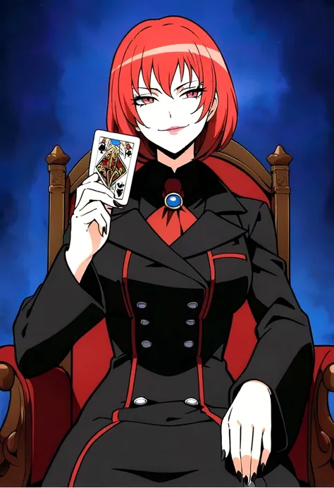 maximum quality, High resolution artwork, 1 anime girl with crimson-red hair,Wearing a black overcoat with a blue border , lying on a bed , with a seductive look, with an evil smile.