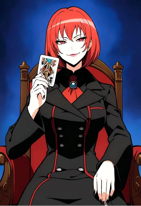 maximum quality, High resolution artwork, 1 anime girl with crimson-red hair,Wearing a black overcoat with a blue border , lying on a bed , with a seductive look, with an evil smile.