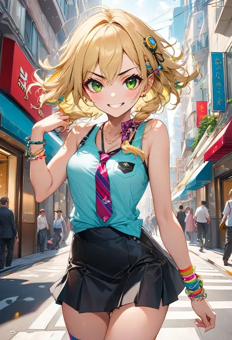 A mischievous girl with a sly grin, standing in a busy city. She has sharp, narrow eyes giving a teasing look, and her eyebrows are raised in a playful manner. She wears a  with a playful twist: a colorful tie, funky socks, and a few quirky accessories lik...