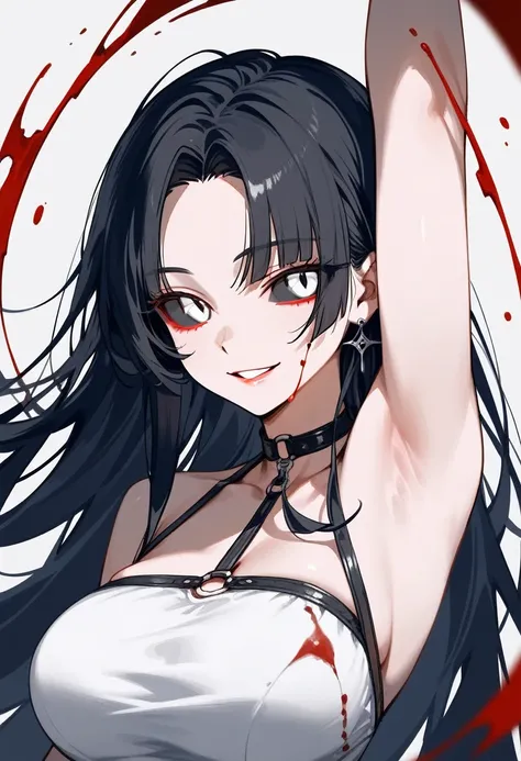 masterpiece, zoom out, score_9, score_8_up, score_7_up, portrait, 1 girl, alone, black hair, long hair, long parted bangs, white eyes, black sclera, (blood tears, small smile), evil, parted lips, expressionless, big breasts, upper body, V-neck strap basic ...