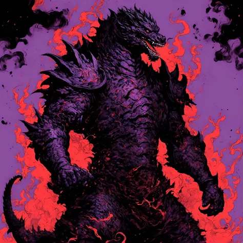 Man, armor inspired by shin gojira, Slim, combat pose, purple background with black smoke, manhwa style, red details and blood