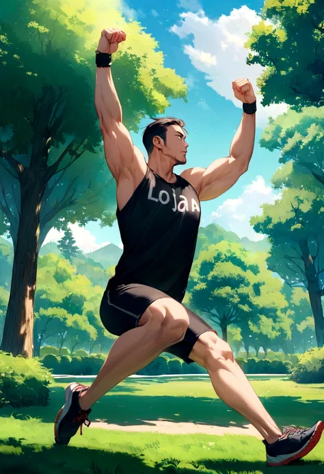 A man is exercising in an outdoor environment, wearing a black blouse with the word "loja Active" written on the chest. Shes in a dynamic pose, maybe running, jumping or doing a stretching exercise, showing energy and determination. The surrounding scenery...