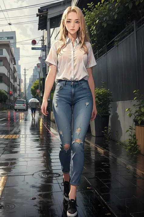 1 female, medium long blonde hair, wearing white shirt, short jeans, black shoes, fullbody shot, walking in the rain, at the sid...