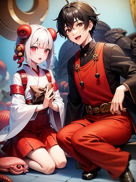 A boy and animals, the boy is wearing a demon mask, she is wearing a Japanese-style uniform, next to her is an octopus that is a divine messenger, it has character, anime-style illustration