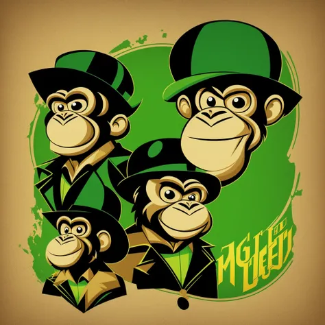 Vector art of monkey dressed in gangster style hat, Popular retro cartoon style image, T-shirt print style image, green and black color