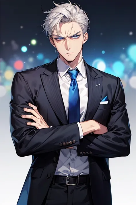 1 male, face focus, adult, suit, Jacket, white shirt, tie, pants, highest quality, facial details, detailed background, background bokeh、gray hair, 31 years, blue eyes, mafia、grumpy face.