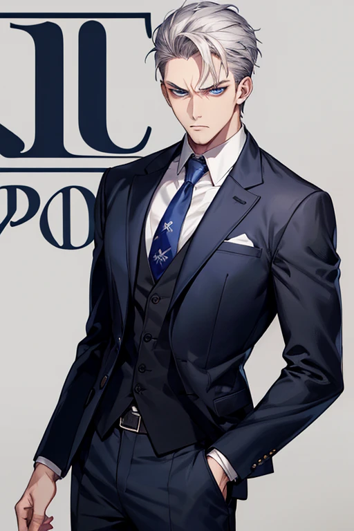 1 male, face focus, adult, suit, Jacket, white shirt, tie, pants, highest quality, facial details, detailed background, background bokeh、gray hair, 31 years, blue eyes, mafia、grumpy face.