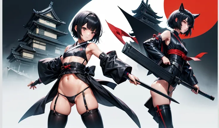 Black short-haired girl with doll head and flat chest，Japanese Ninja，Sleeveless kimono，Hand guard，thong，thigh，stockings，Standing，Japanese castle roof