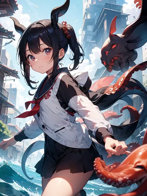 A boy and animals, the boy is wearing a demon mask, she is wearing a Japanese-style uniform, next to her is an octopus that is a divine messenger, it has character, anime-style illustration