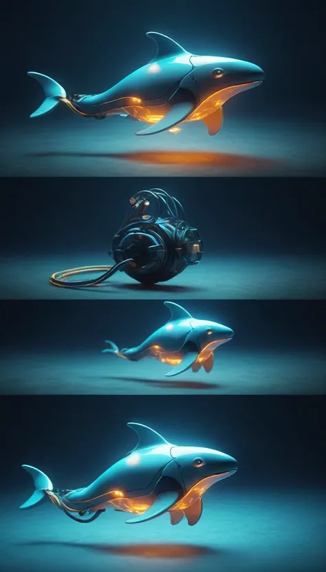 Swimming in the ocean、Dolphin in its purest form、Translucent movie stills (Dolphin as a cybernetic robot:1.5), (Glowing Veins:1.3) (The cable enters the body, circuit:1.3), Very detailed, Vignette, Very detailed, High budget, Bokeh, Sulky, amazing, nice, F...