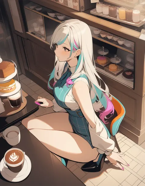 One girl,Drink coffee, Multicolored Hair, Shoulder-length hair, Retro costumes, High heels, Sideways glance, Sitting, Hyper Pop, Cafe,cake、 Retro feel, overview, masterpiece, Highest quality,